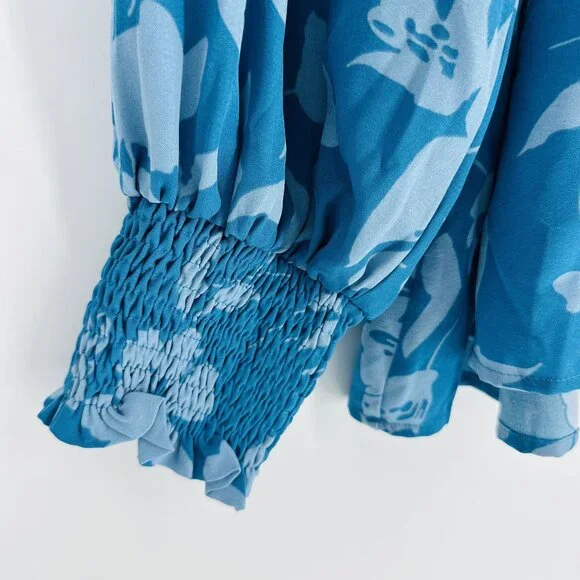 Umgee Blue Teal Floral Notch Neck Balloon Sleeve Tassel Blouse Top New Size S - Picture 8 of 12